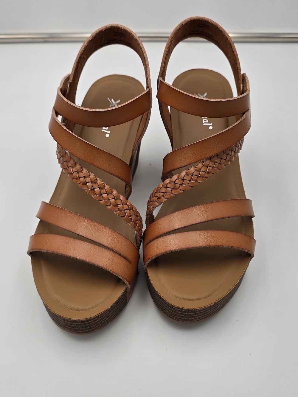 Xappeal Tan Braided and Smooth Strap Wedge Sandals